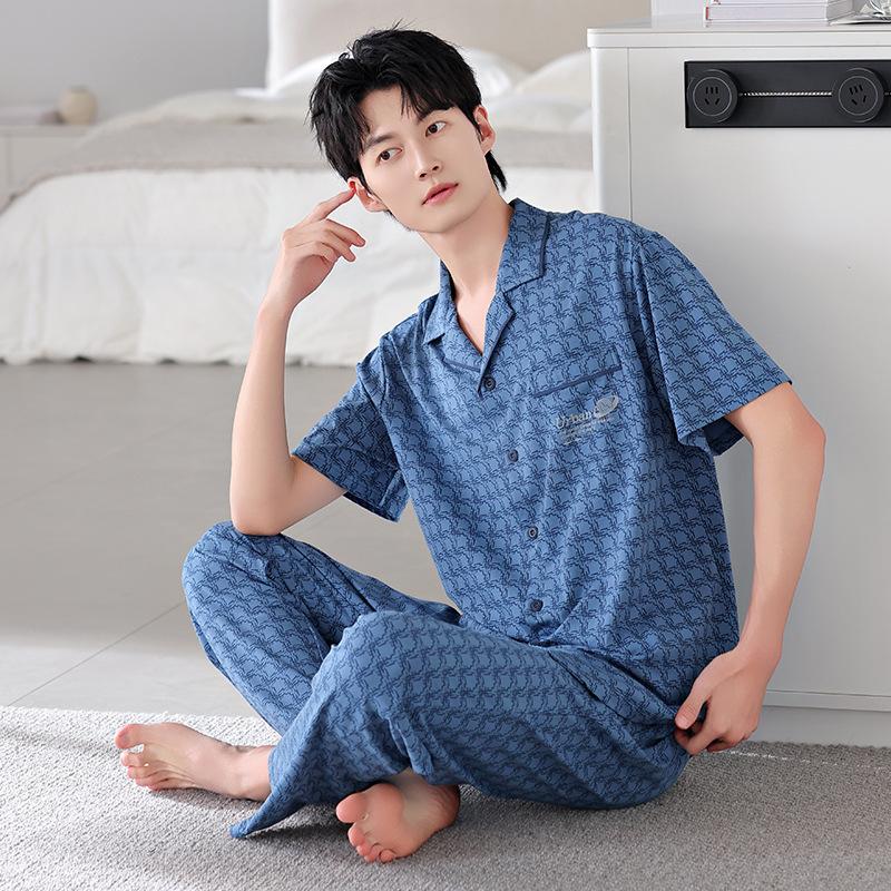 Pajamas Men's Summer Cotton Short Sleeve Trousers Men's Thin Summer Large Size Half Sleeve Men's Summer Loungewear Set