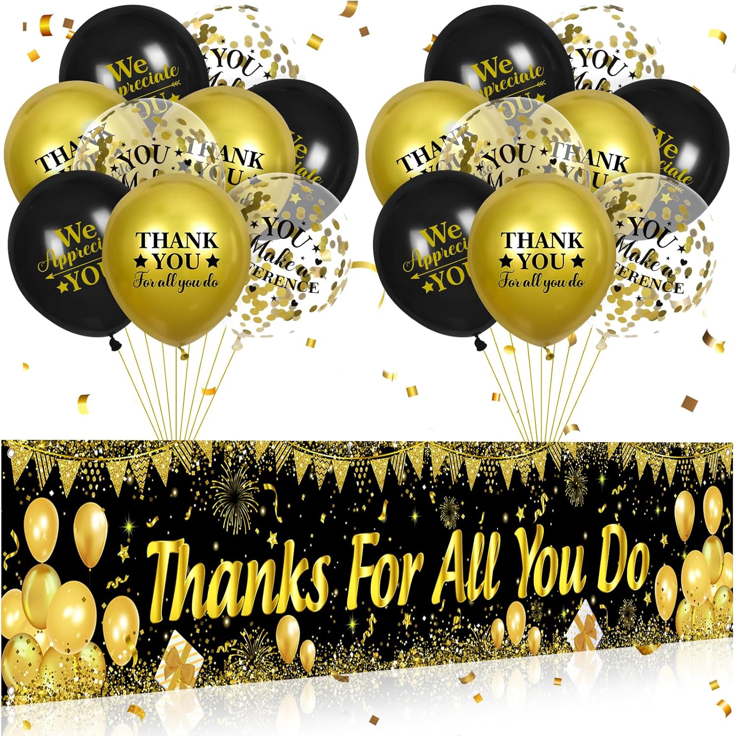 Thank You Appreciation Party Decorations Sage Green Thanks for All You Do Banner with 18Pcs Balloons Eucalyptus Leaves We Appreciate You Yard Sign Black Gold Thank You Deco