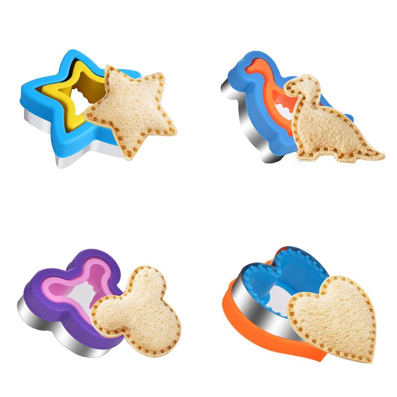 4Pcs Sandwich Cutter Sealer Set Cute Dinosaur Heart Shaped Bread Molds Kitchen Baking Tools DIY Sandwich Maker for Kids Lunch