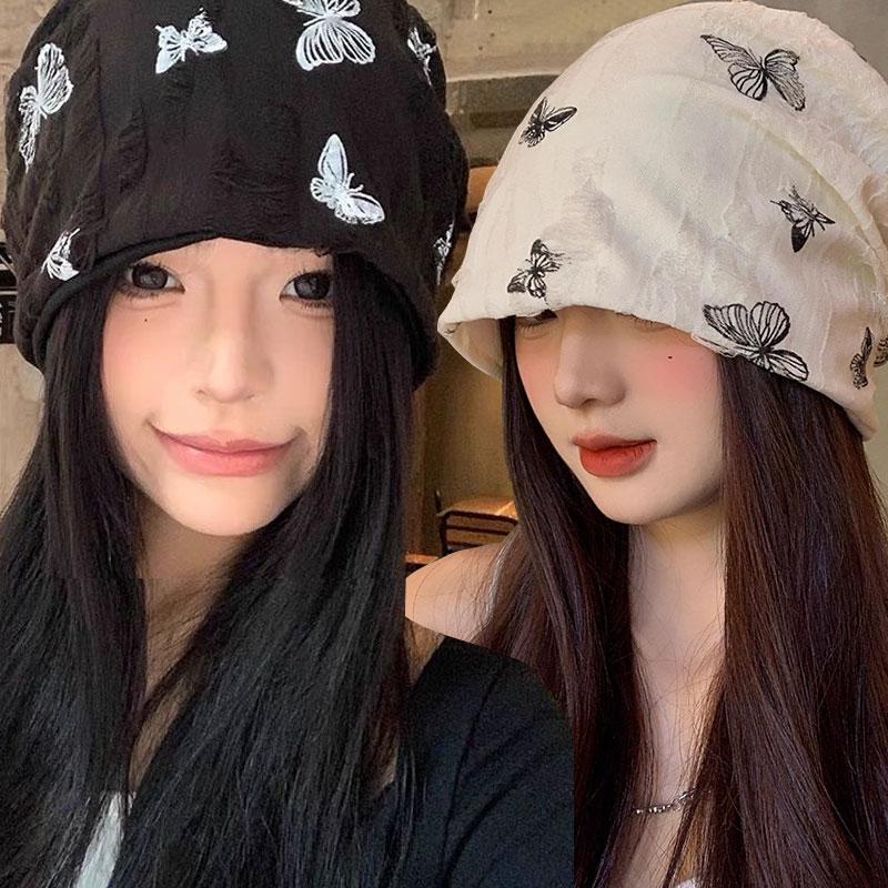 Autumn Winter Warm Bonnet Girls Elastic Skull Caps Korean Baggy Beanie Hats Hip Hop Streetwear Butterfly Pullover Hat