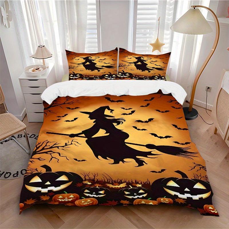 3Pcs Halloween Witch Printed Bedding Set, Breathable And Soft, Machine Washable, Christmas Gift, Suitable for Bedroom Decoration, 15193