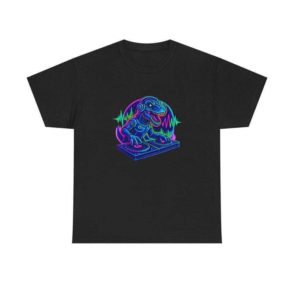 Unisex Adult T Shirt Robo-Dino DJ Neon Party Tyrant S