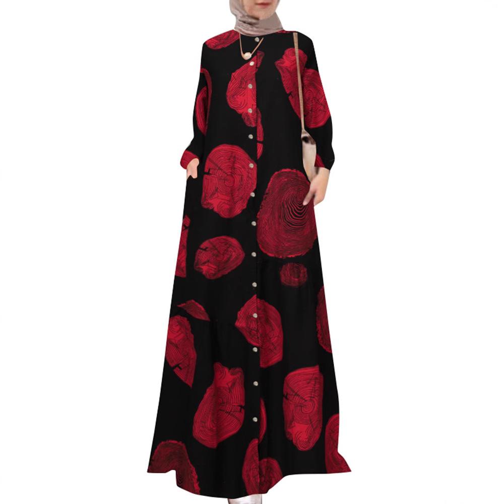 Women's Printed Shirt Long Dress with Round Neck, Retro Long-sleeved Plate-sized Dress