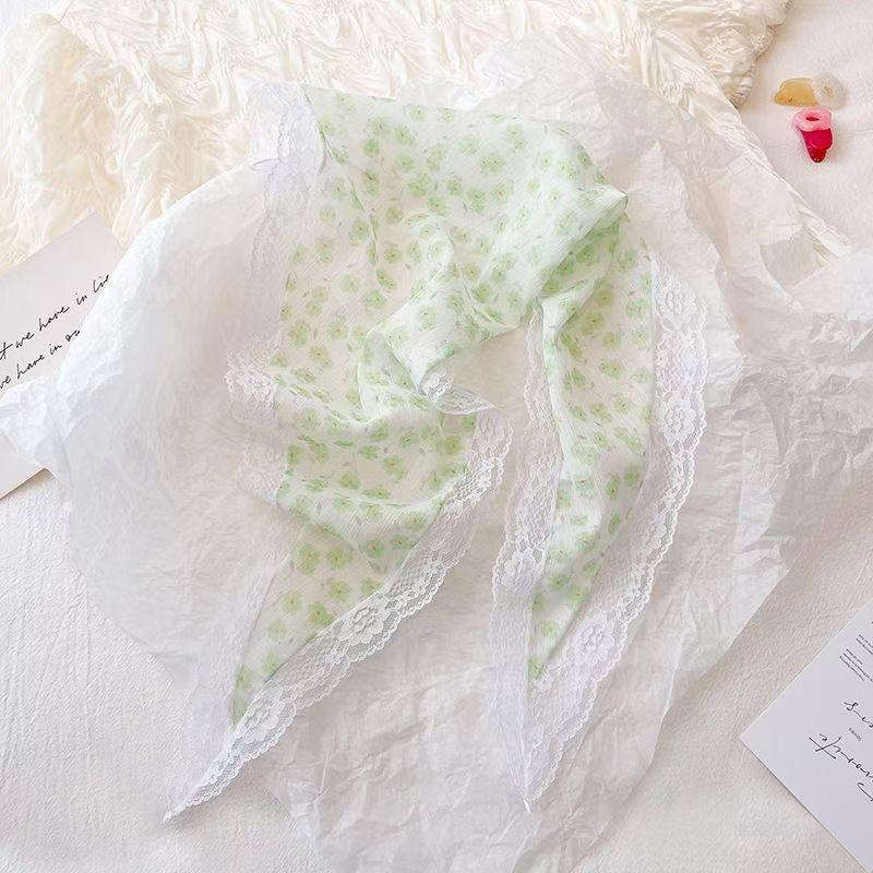 2025 Pastoral Style Lace Triangle Scarf & Plaid Ribbon Hairband