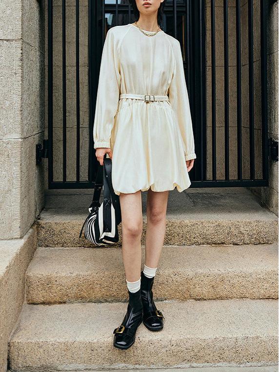 2026 Spring French Drape Puff Sleeve Belted Fluffy Skirt Dress for Women