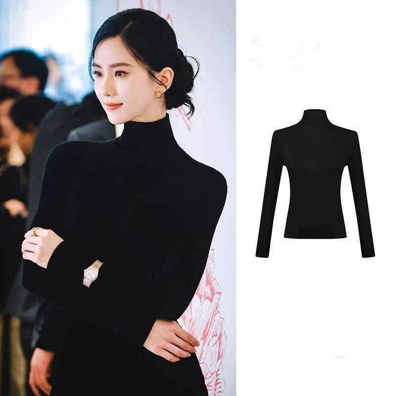 Semi High Neck Base Layer Women Autumn Winter Ribbed Premium Slim Thin Knit Black Top