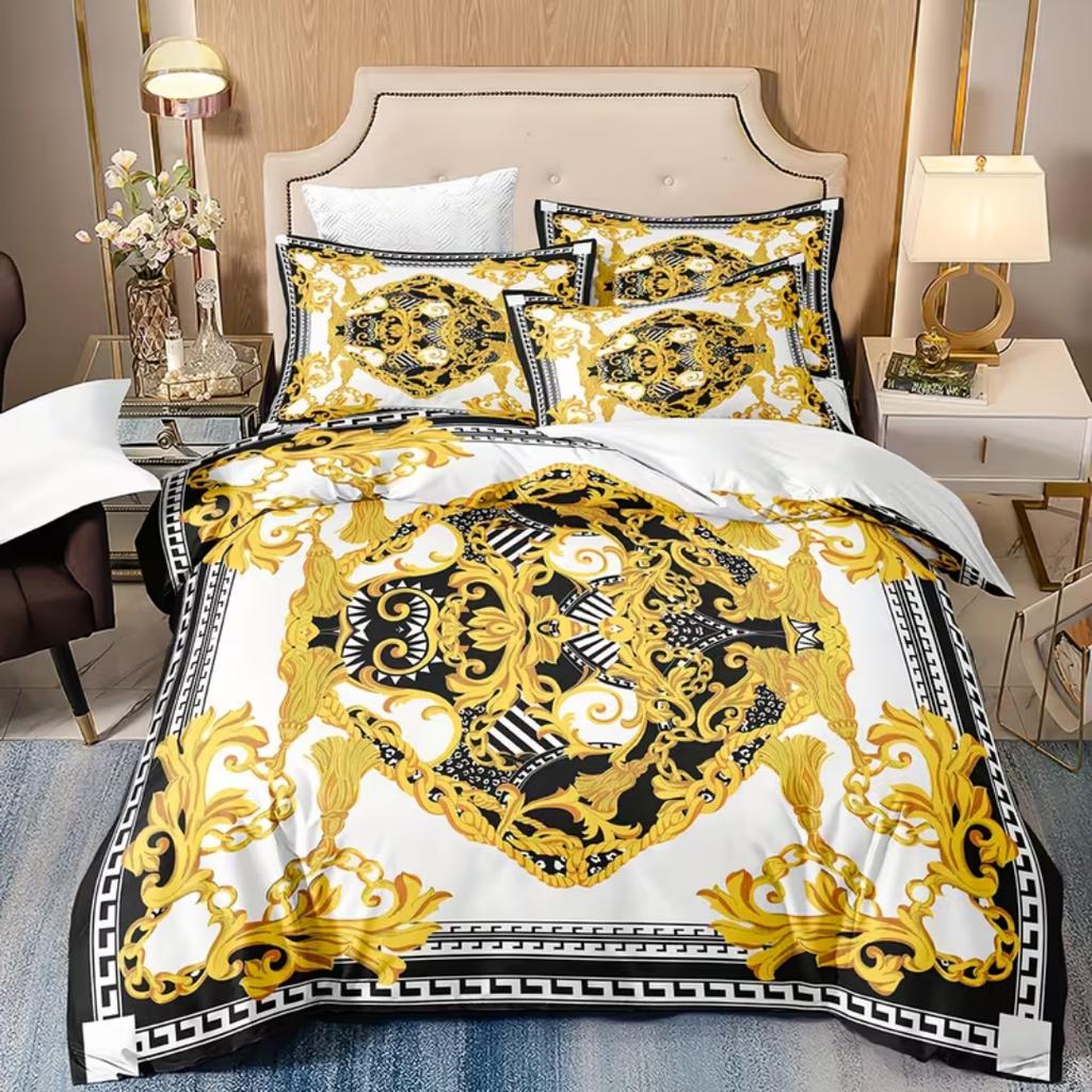 3-teiliges Luxus-Bettwäsche-Set mit goldenem geometrischem Druck, Barock-Bettbezug-Set für Zuhause, Studentenwohnheim-Dekoration, Einzel-, King-, Queen-Größe 228x228