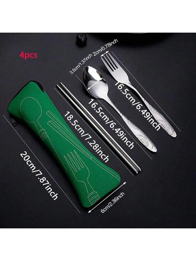 4 stk Bærbar Oppbevaringspose for Bestikk, Glidelåstype, Pose for Skjeer og Spisepinner i Rustfritt Stål, For Tenåringer og Arbeidere på Skolen