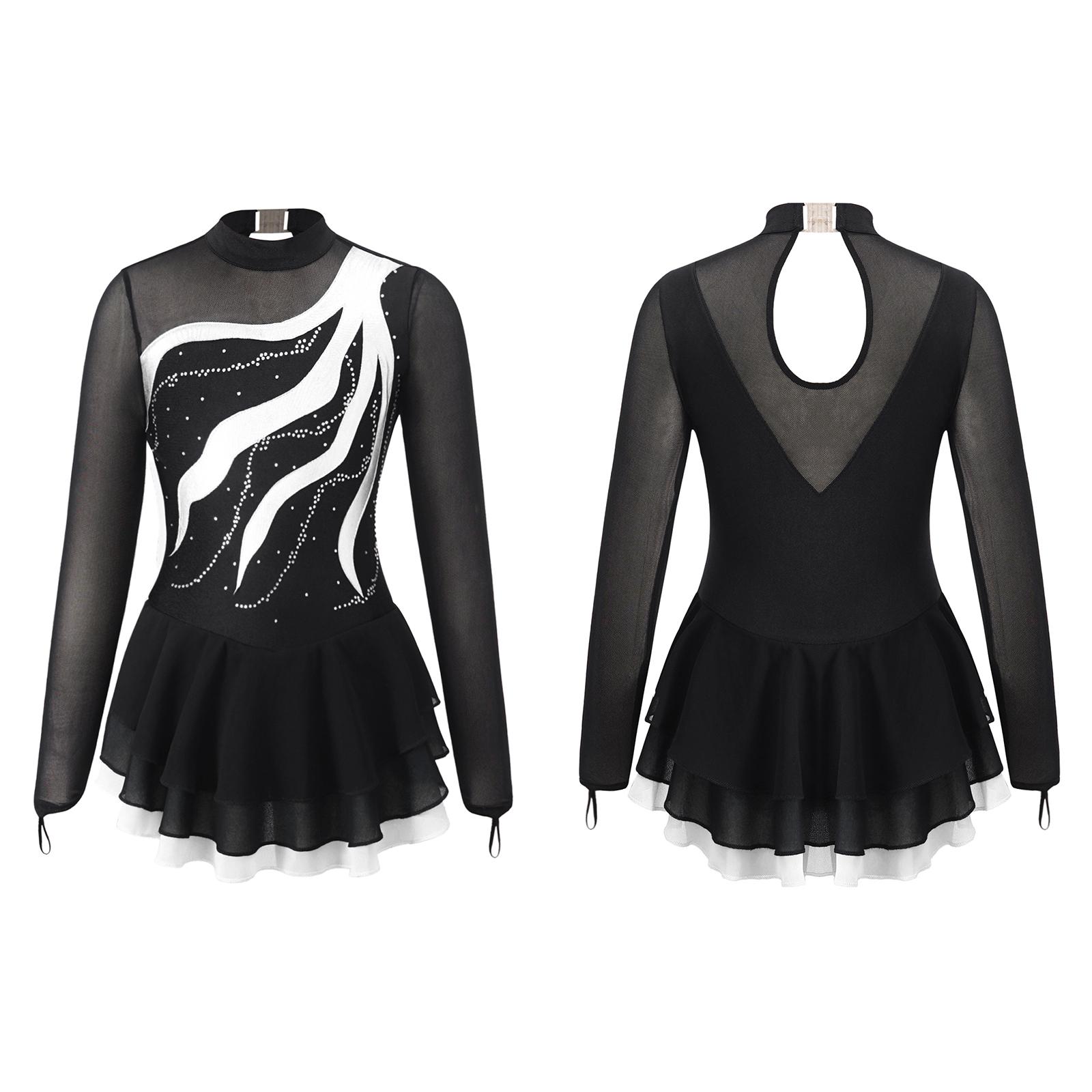 IEFiEL Kinderen meisjes lange mouw strass versierde holle rug dansjurk meisjes kunstschaatsen turnpakje jurk 7-8 Years