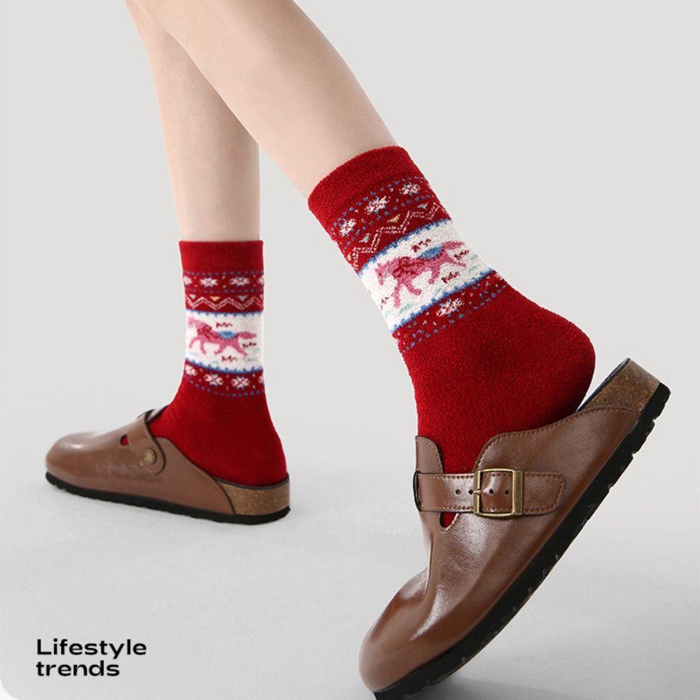 3 Pair Cotton Snow Boot Socks Knitted Middle Tube Socks Female Elastic Striped Socks New Year Gift