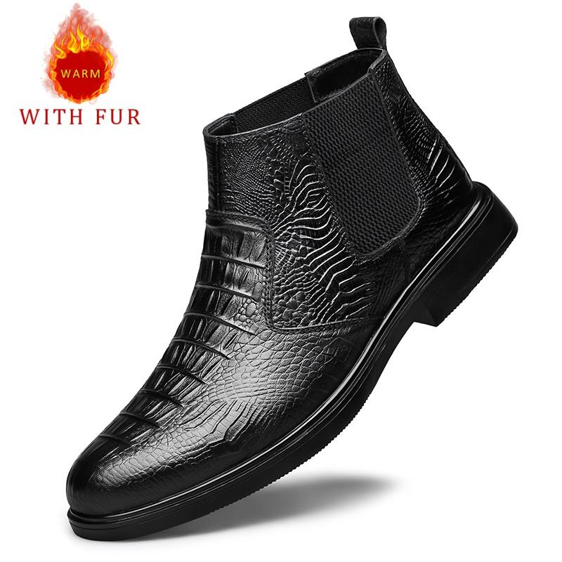 Fashion Genuine leather men's boots Versatile styles for autumn and winter Leisure Business Party Adult office Outdoor Warm Shoes Black