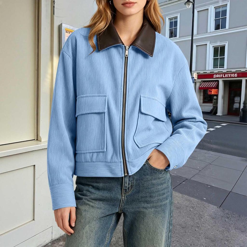 Women Corduroy Jacket with Faux Leather Collar Full Zip Front Long Sleeve Casual Outerwear with Front Flap Pockets