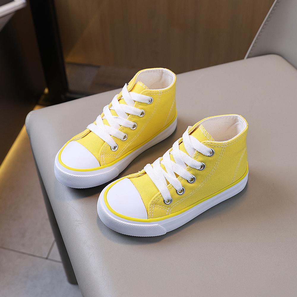 COMFY KIDS Bright Yellow Vibrant Mid Top Canvas Shoes Breathable Fabric Lace-Up All-Season Wear Outdoor Casual School Shoes