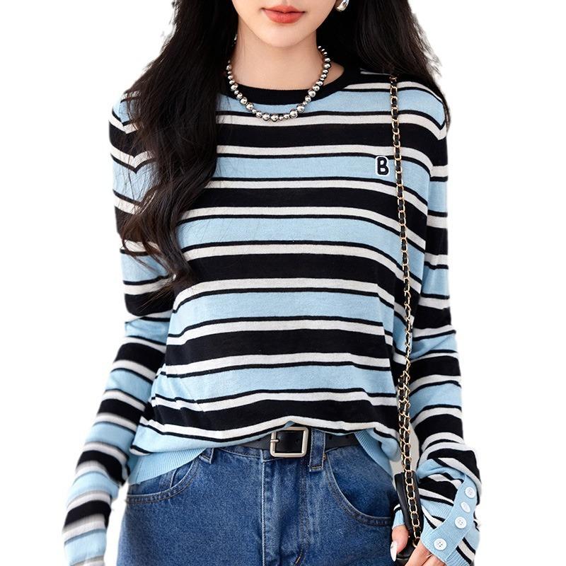 

Женский осенне-зимний ретро-трикотажный топ в полоску XL синий