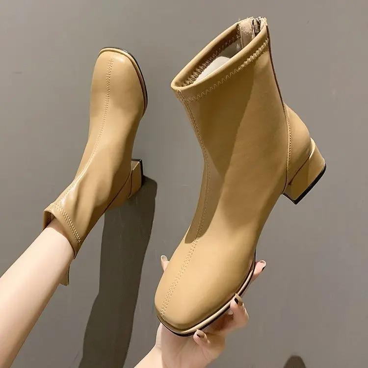 Fashion Autumn/Winter New Square Zipper Women's Retro Short Boots with Middle Heel and Ankle Fashion Elastic Socks Women's Boots
