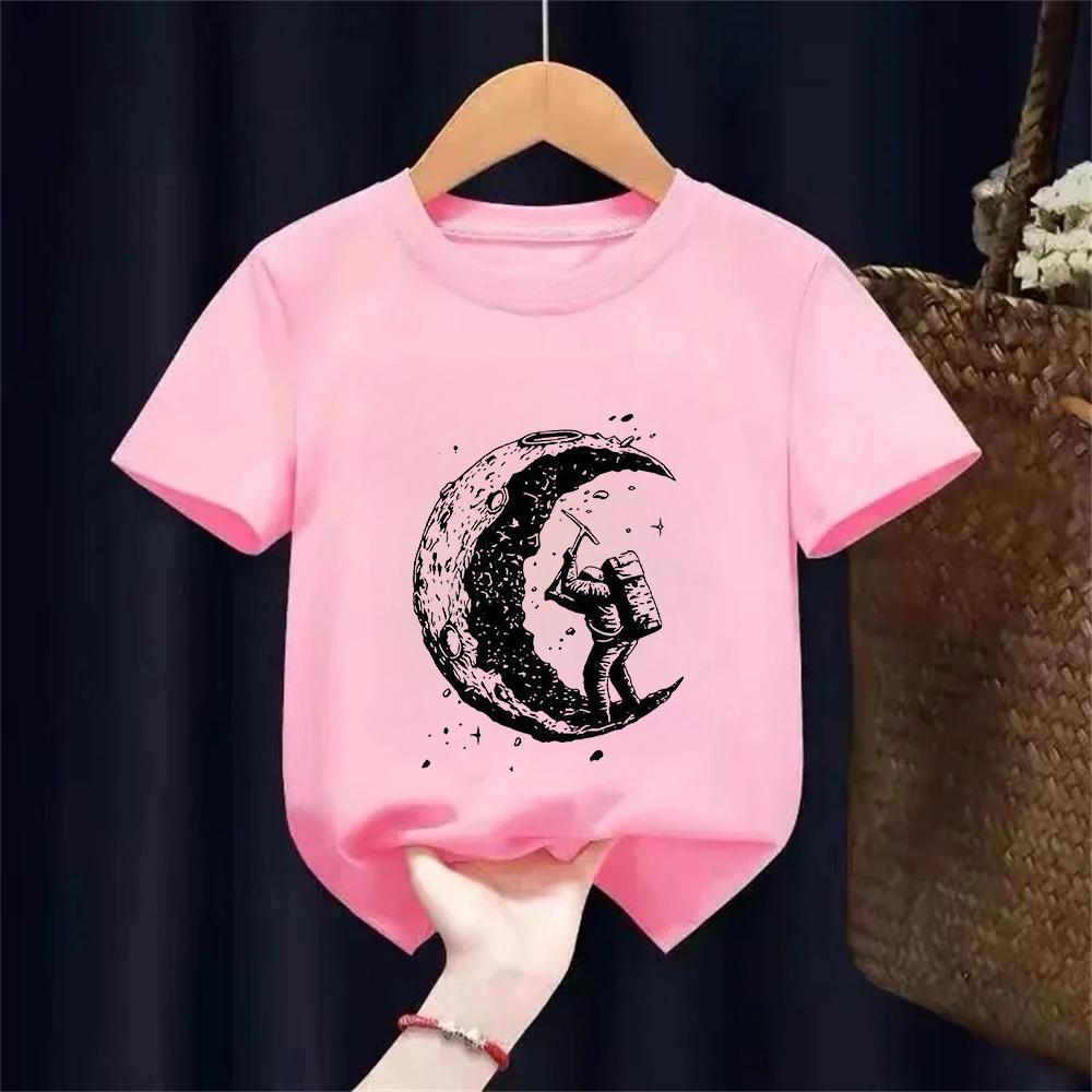 Kids 100 Cotton Moon Print Casual Summer Cool Short Sleeve Boys and Girls Tshirt Tee Tops