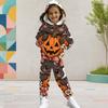 Girls Halloween Panda Ghost Printed Hooded Long Sleeve Kangaroo Pocket Cuffed Pants Two Piece Set