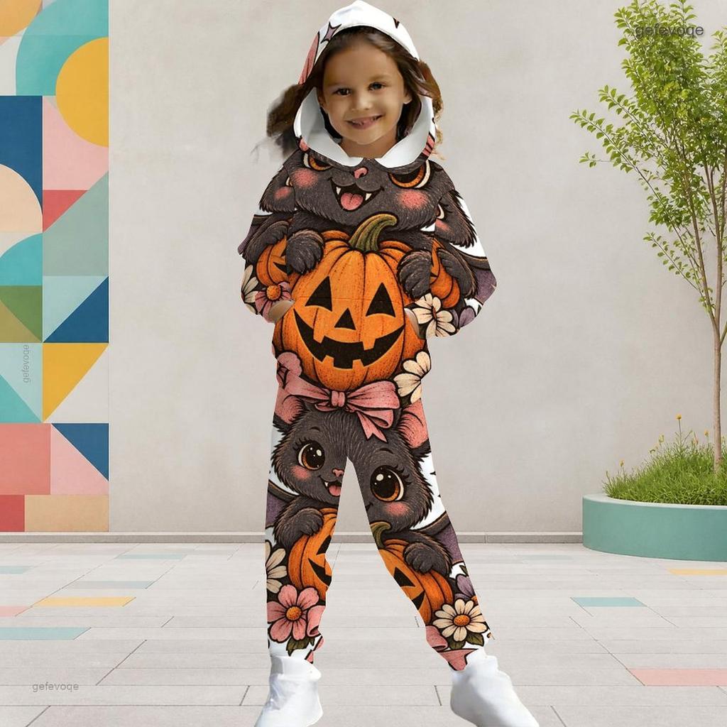Girls Halloween Panda Ghost Printed Hooded Long Sleeve Kangaroo Pocket Cuffed Pants Two Piece Set