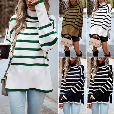 Mujeres Otoño Invierno Casual Rayas Manga Linterna Cuello Alto Suéter De Punto Tops Sueltos S-XL