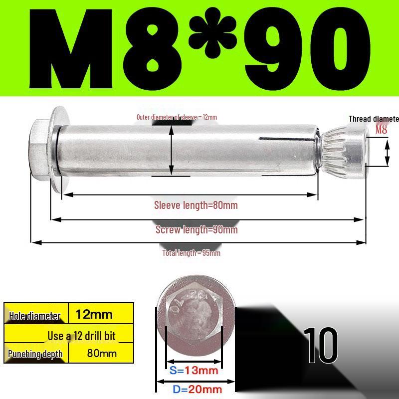 Stainless Steel Expansion Screw: Hexagonal Head with Internal Expansion (304/201), Sizes M6, M8, M10, M12.