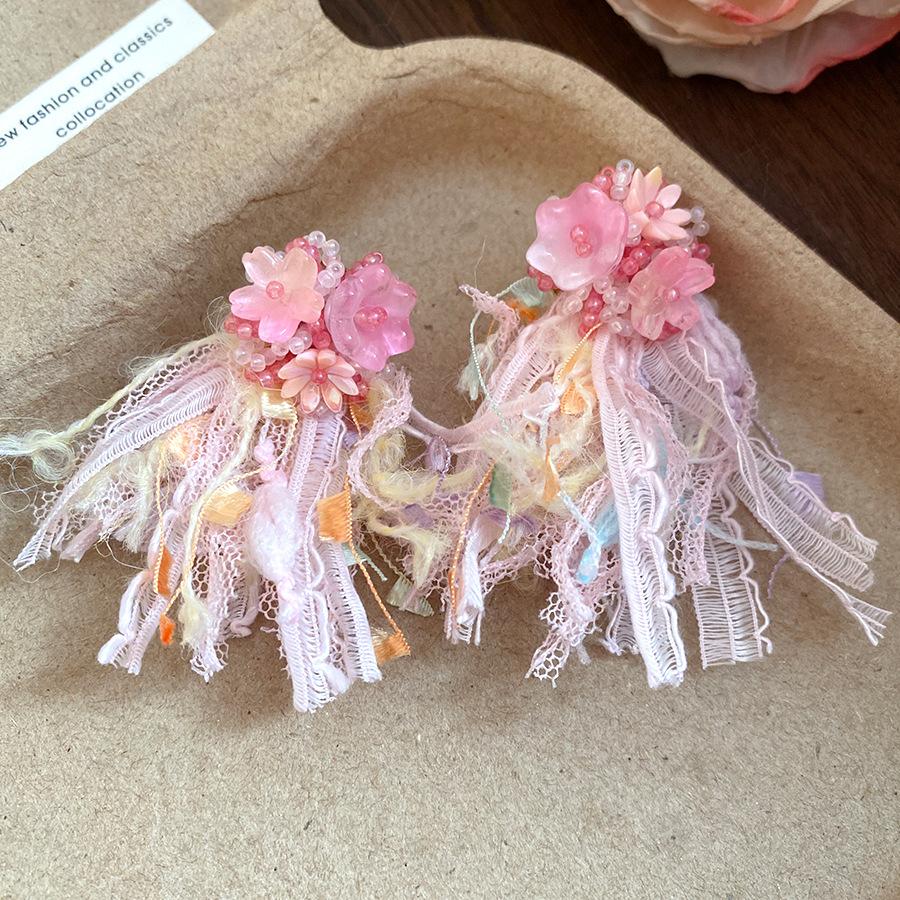 Silver needle flower ribbon fringed earrings resort style simple fashion temperament earrings niche high-end earrings