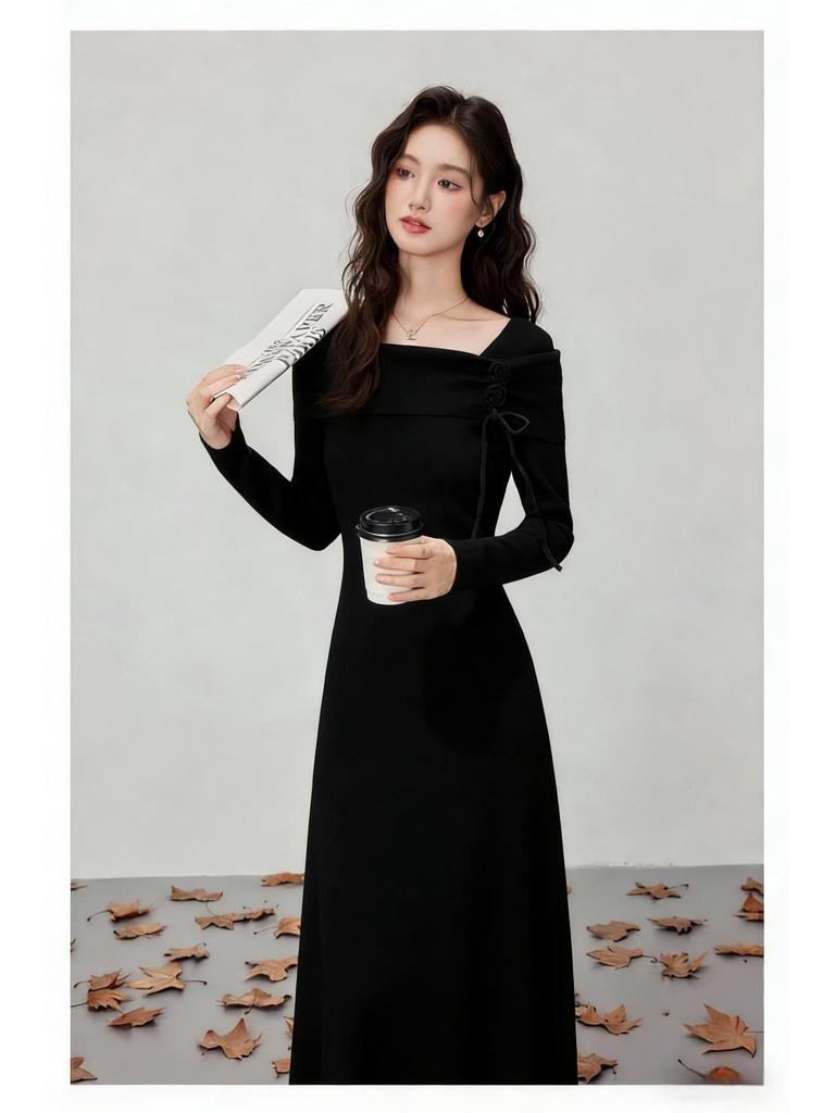 Korean Style Autumn Winter Knit Cinched Waist Slimming Long Dress for Ladies