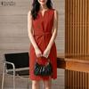 ZANZEA Womens Elegant V Neck Sleeveless Office Work Sheath Dress Belted Twisted Bodycon Dress