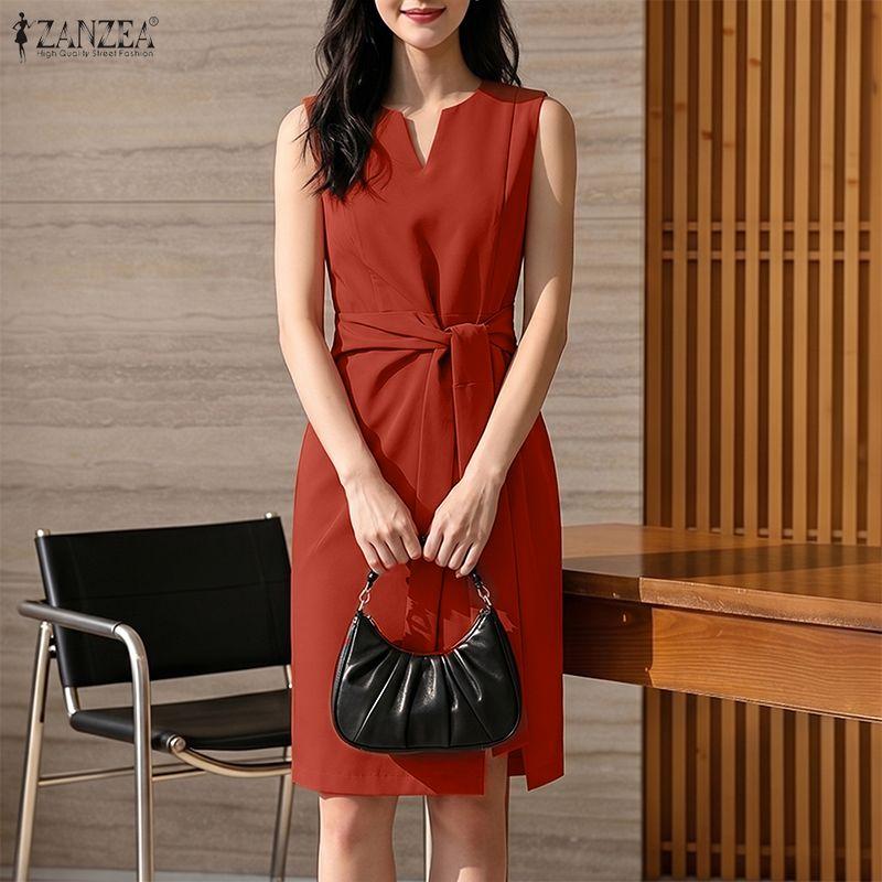 ZANZEA Womens Elegant V Neck Sleeveless Office Work Sheath Dress Belted Twisted Bodycon Dress