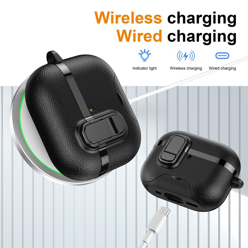 For AirPods Pro Case Foldable Stand Electroplated Litchi Texture TPU PC Earbuds Cover with Switch / Carabiner