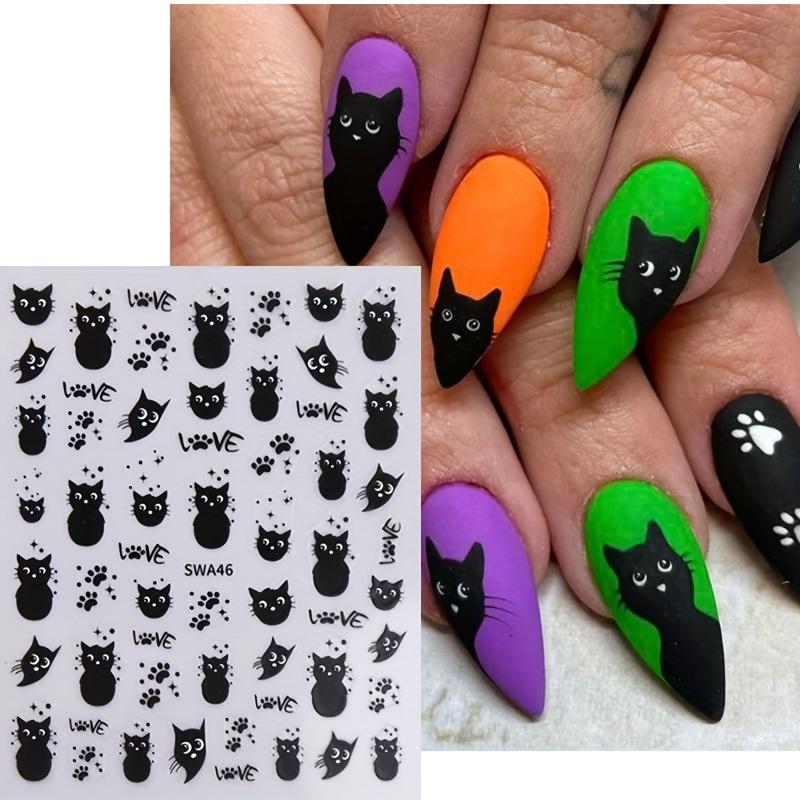 1Pc Black Cat Nail Art Stickers, Halloween Cartoon Animal Self-Adhesive Decals, DIY Nail Salon Art Decorations Animal Print