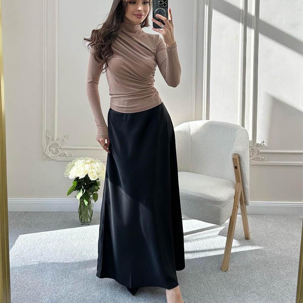 European and American Women's Long-Sleeve Stand-Up Collar Slim Fit Top