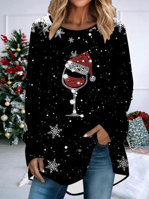 Kobiety Plus Size Wiosna Boże Narodzenie Nadrukowana Wygodna Koszulka z Długim Rękawem Okrągły Dekolt Casualowa Luźna Średniej Długości T-shirt Top