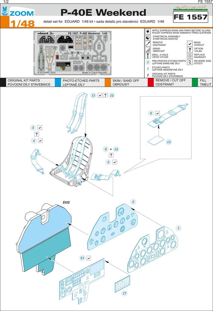 eduard Zoom Etching Weekend Edition Etched Parts Plastic Model Kit Parts EDUFE1557 1/48 P-40E (for Eduard) (Airplane)