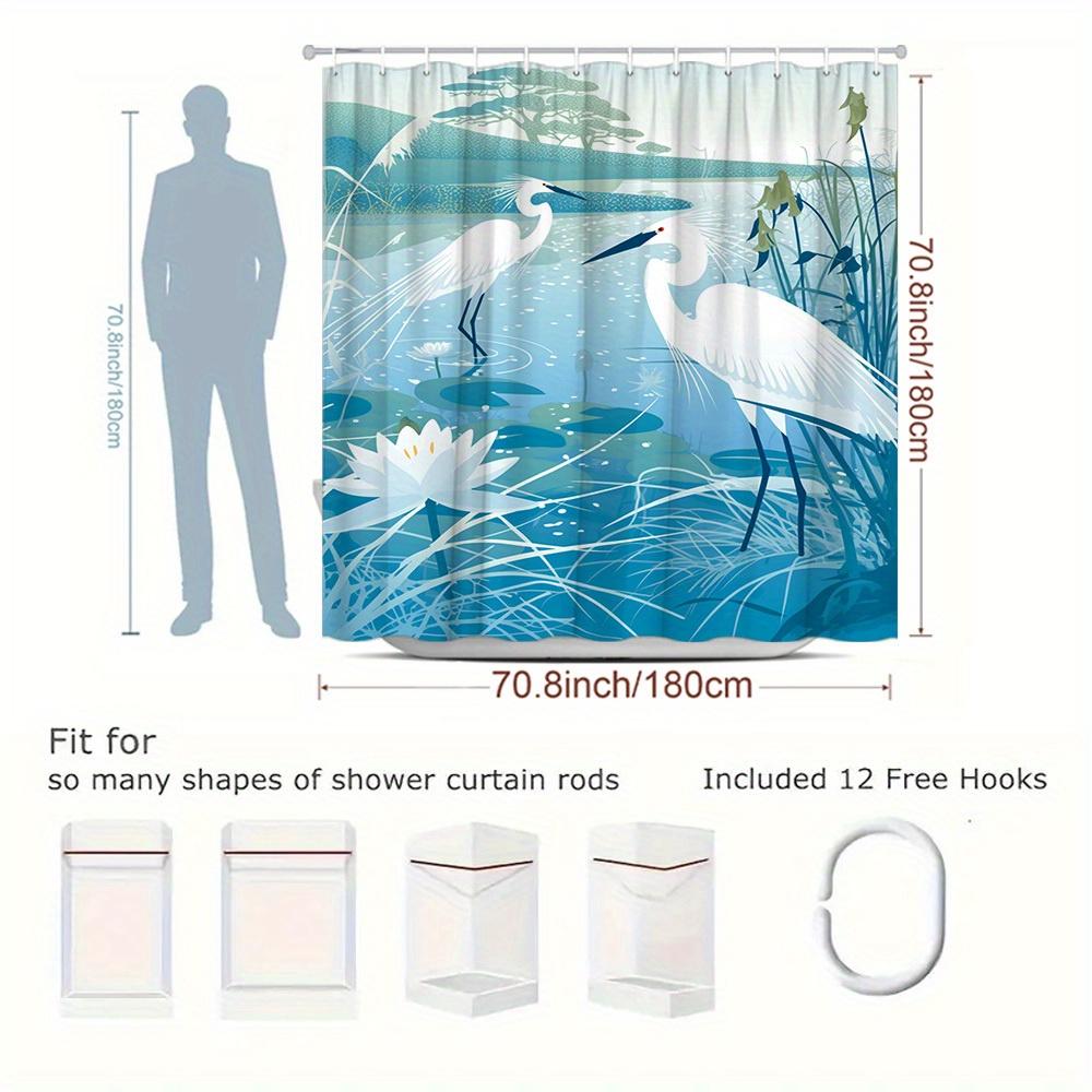 1pc Natural Scenery Shower Curtain with Egret, Reed, and for Lotus Pattern Bathroom Decor Polyester Fabric Includes 12 Hooks 70.