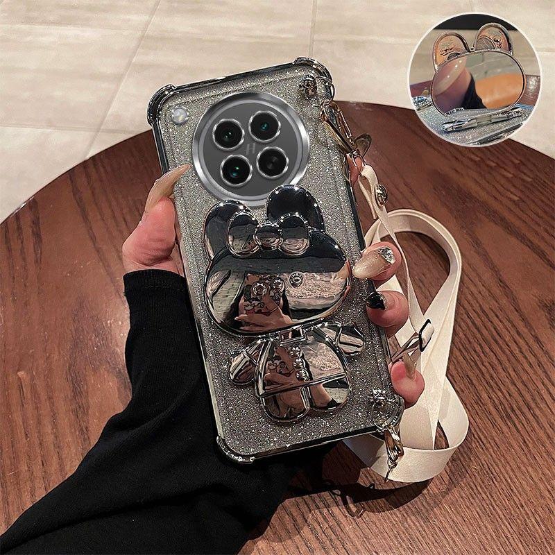 Crossbody Lanyard Shockproof Plating Case For Huawei Nova 13 Pro 12 12S 11 10 9 8 7 6 5 Pro Mirror Rabbit Stand Silicone Cover