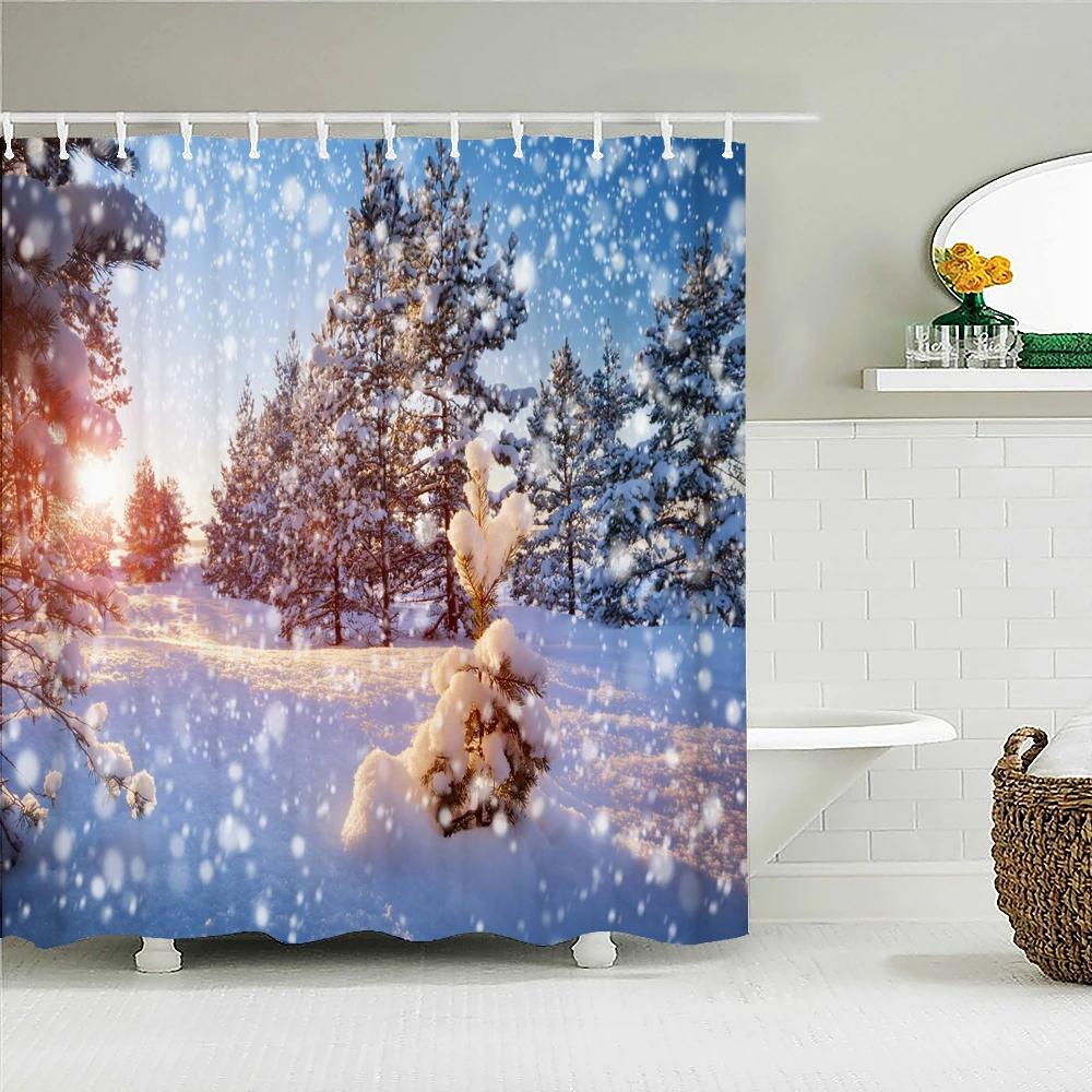 Christmas Shower Curtain Waterproof Fabric Snow Scene Cedar Trees landscape Print Shower Curtains for Bathroom Shower with Hoo