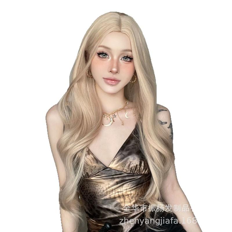 Long Wavy Synthetic Wig With Middle Part Golden Blonde Curly Hairpiece Women Heat Resistant Fiber 65cm Length Universal