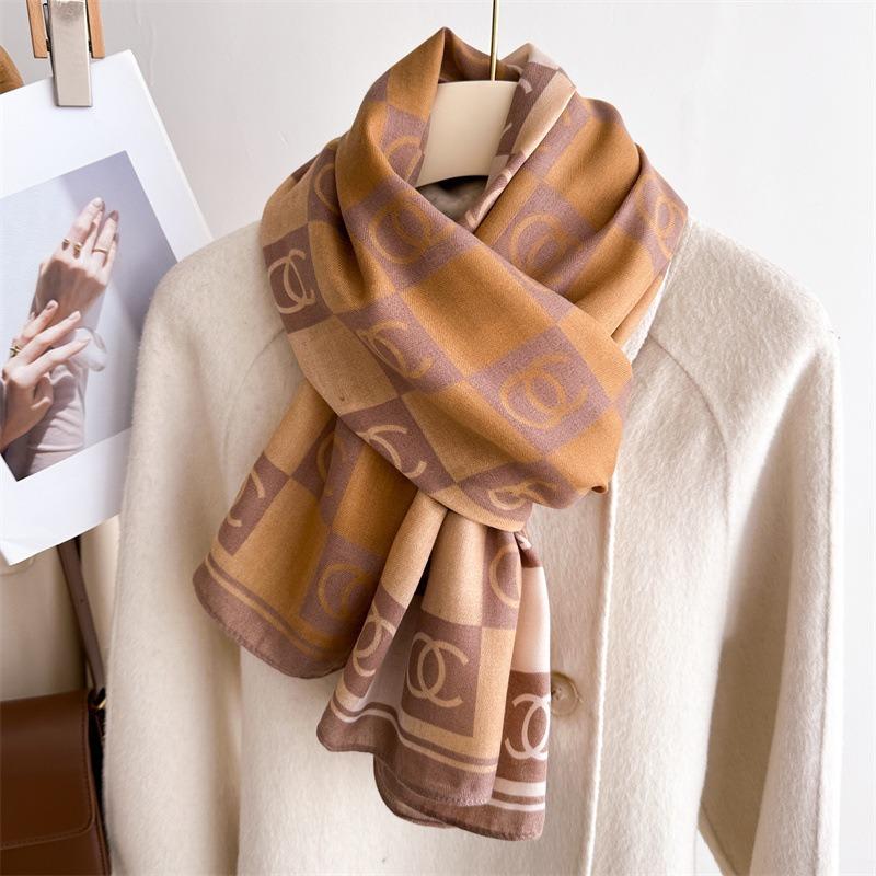 New gradual change plaid lengthened printed silk scarf scarf scarf neck cotton and linen sunscreen shawl versatile autumn and winter headscarf women