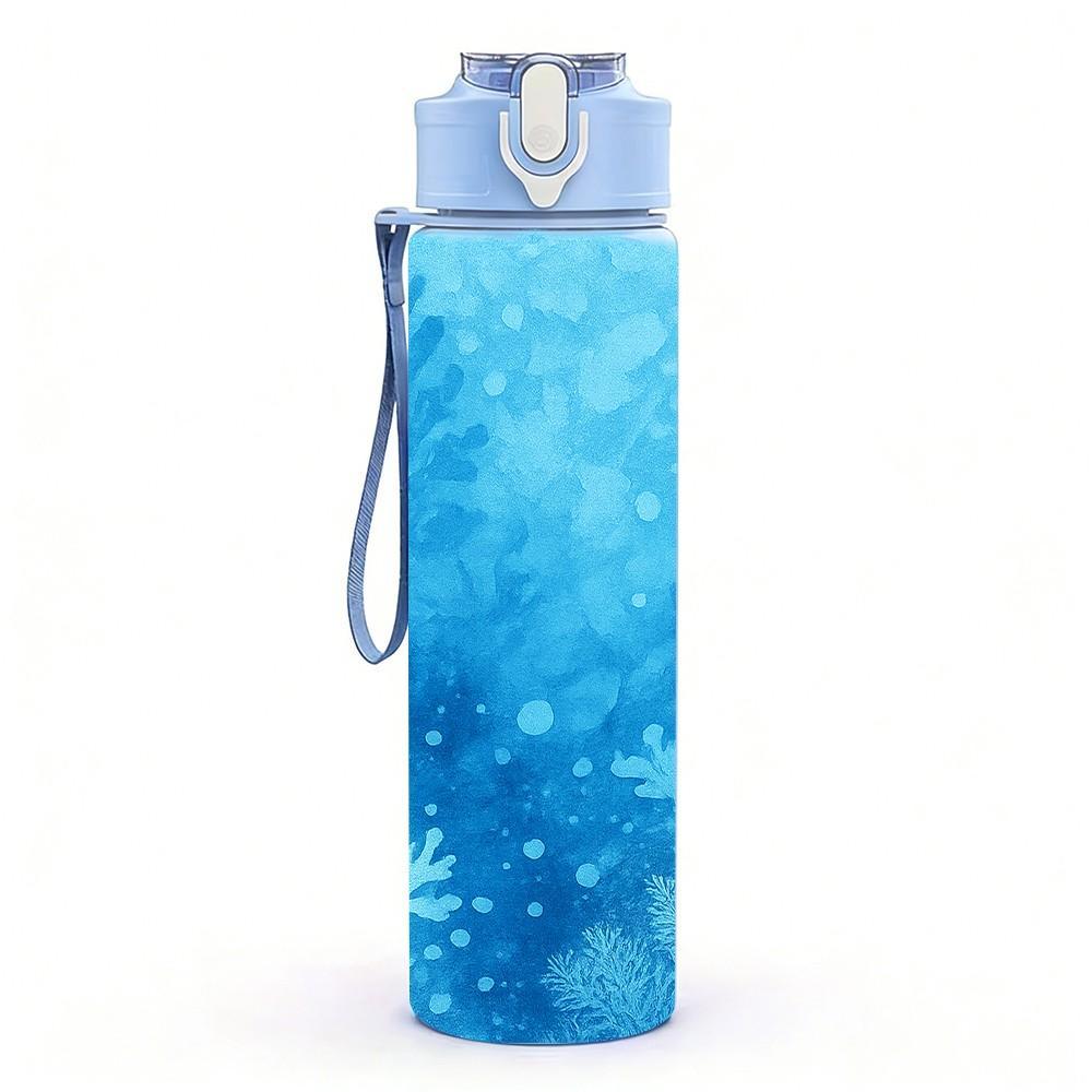 1PC Blue Frost Ice Crystal Texture Print 750ml Color Plastic Sports Water Bottle Leakproof Flip Straw Lid Suitable for Sports Office Home Use