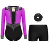 Girls Gymnastics Figure Skating Dance Set 3Pcs: Long Sleeve Keyhole Back Rhinestone Leotard with V-Front Shorts & Hair Band
