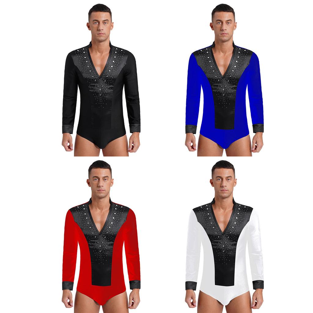 Men's Latin Dance Leotard - Glittery Rhinestones V Neck Long Sleeve Satin Patchwork Bodysuit for Performance