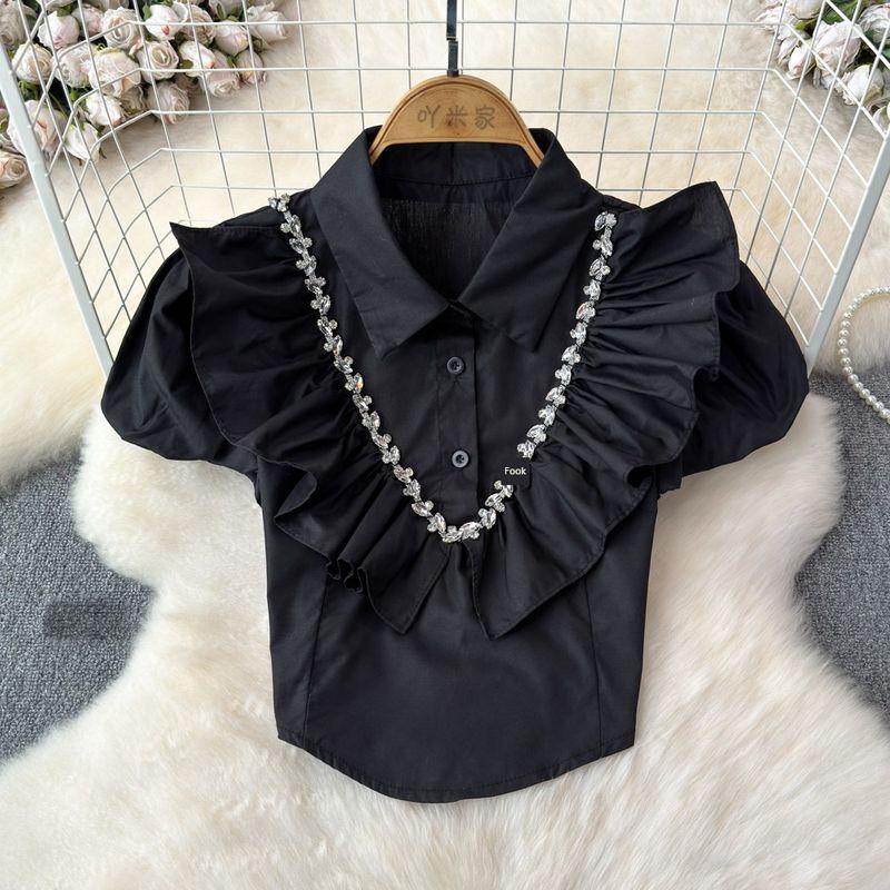 

Блузка с короткими рукавами-буфами и оборкой в французском стиле, женская, лето 2024, новый приход, нарядная минималистичная темпераментная рубашка Black One size