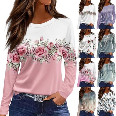 Women's Fashion Casual Slit Hem Round Neck Long Sleeve Loose  Printed T-Shirt Ladies Top