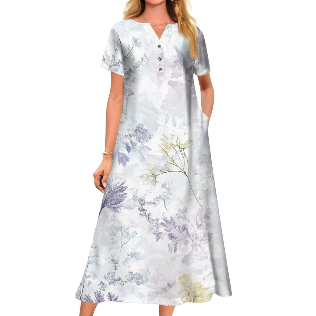 Abito scampanato a maniche corte con scollo a V stampato casual estivo da donna