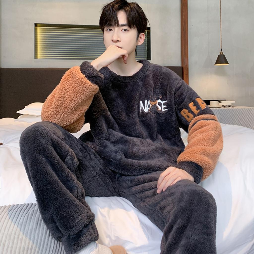 Winter, Coral Fleece, Pajamas, Men's Clothing, Thickened Fleece, Round Neck, Long Sleeved Pants, Suits, Home Clothes