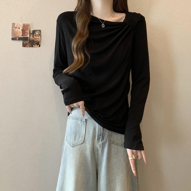 Slant neck long-sleeved T-shirt women's autumn and winter fleece polished bottoming shirt with slim-fitting pleated top