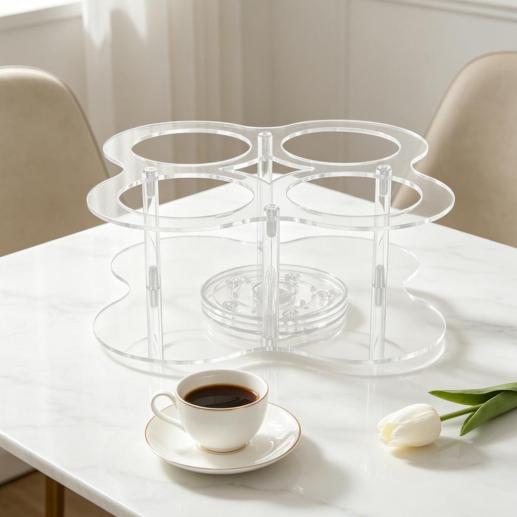 Acrylic Sugar Syrup Dispenser Organizer Rotating Rack 4 Bottles Clear Coffee Syrup Bottle Holder Coffee Bar Station Organizer