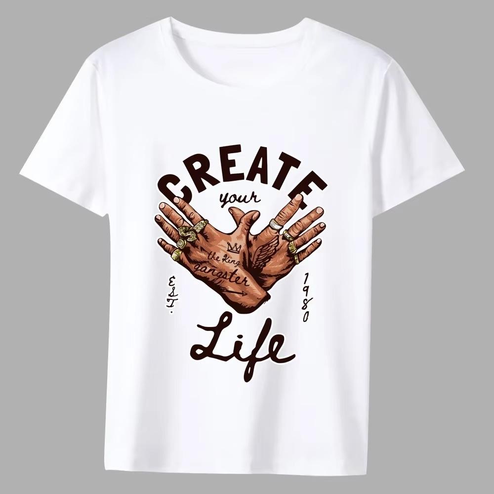 Fashionable Men's All-match T-shirt Trend Hand Pattern Printing Series O-neck Casual Commuter Comfortable Men's Slim Shirt Top