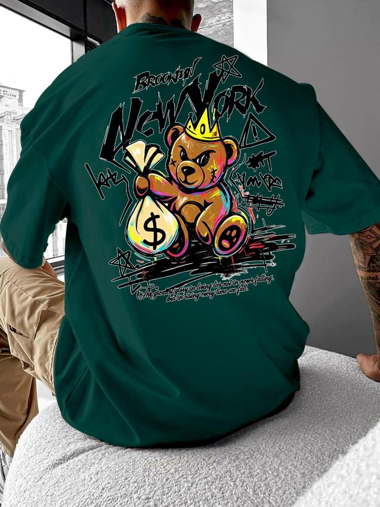 Hot Selling American Unisexs Summer Wealth Teddy Bear Print Micro Elastic Breathable Round Neck Tshirt Outdoor Casual Top