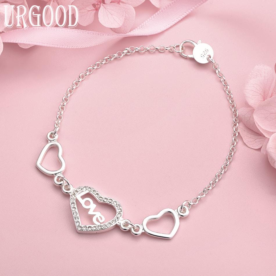 925 Sterling Silver Heart Bracelet Gift Wedding Fashion Jewelry